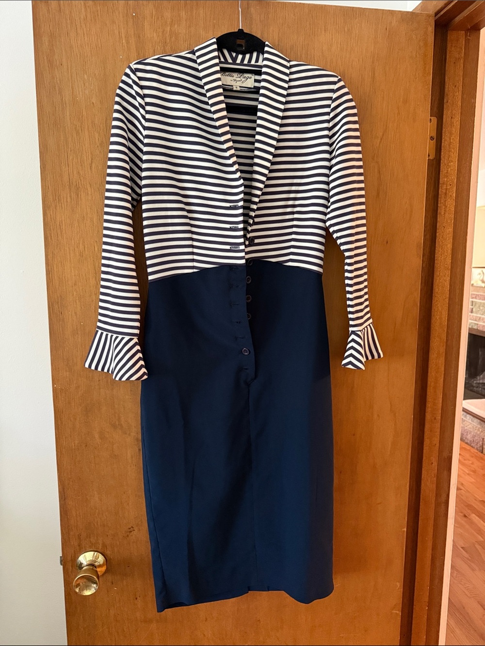 Bettie Page Navy and White Striped Long Sleeve Midi Dress